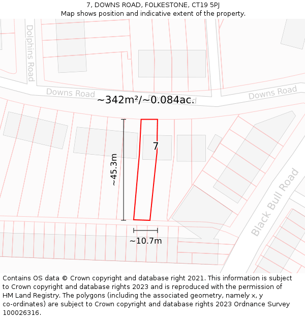 7, DOWNS ROAD, FOLKESTONE, CT19 5PJ: Plot and title map