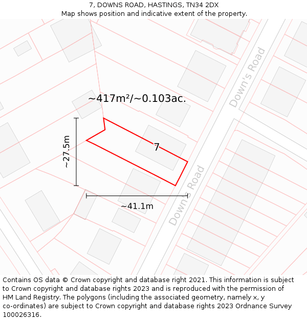 7, DOWNS ROAD, HASTINGS, TN34 2DX: Plot and title map