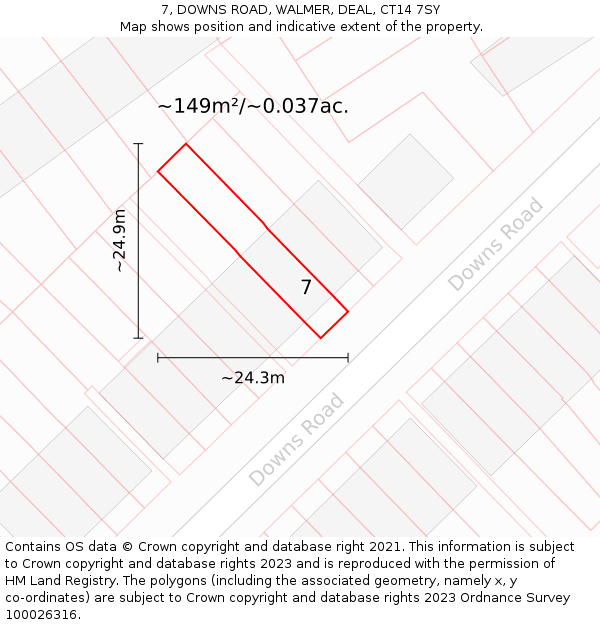 7, DOWNS ROAD, WALMER, DEAL, CT14 7SY: Plot and title map