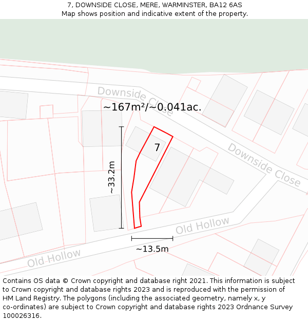 7, DOWNSIDE CLOSE, MERE, WARMINSTER, BA12 6AS: Plot and title map