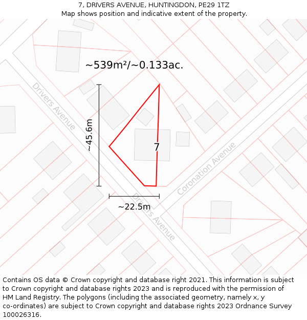 7, DRIVERS AVENUE, HUNTINGDON, PE29 1TZ: Plot and title map