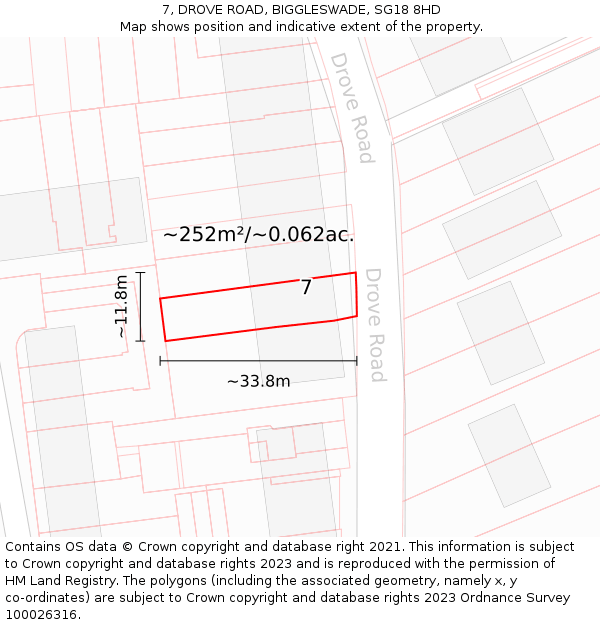 7, DROVE ROAD, BIGGLESWADE, SG18 8HD: Plot and title map