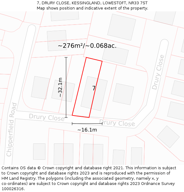 7, DRURY CLOSE, KESSINGLAND, LOWESTOFT, NR33 7ST: Plot and title map
