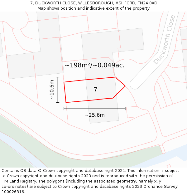 7, DUCKWORTH CLOSE, WILLESBOROUGH, ASHFORD, TN24 0XD: Plot and title map