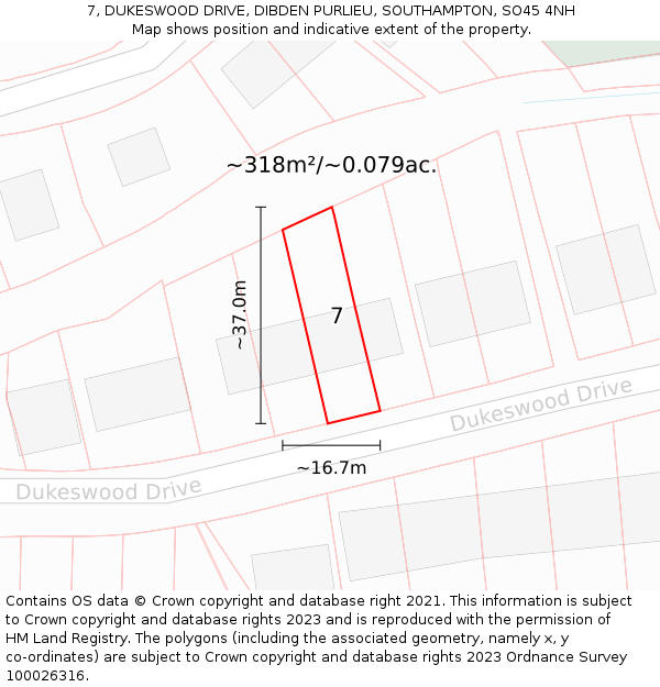 7, DUKESWOOD DRIVE, DIBDEN PURLIEU, SOUTHAMPTON, SO45 4NH: Plot and title map