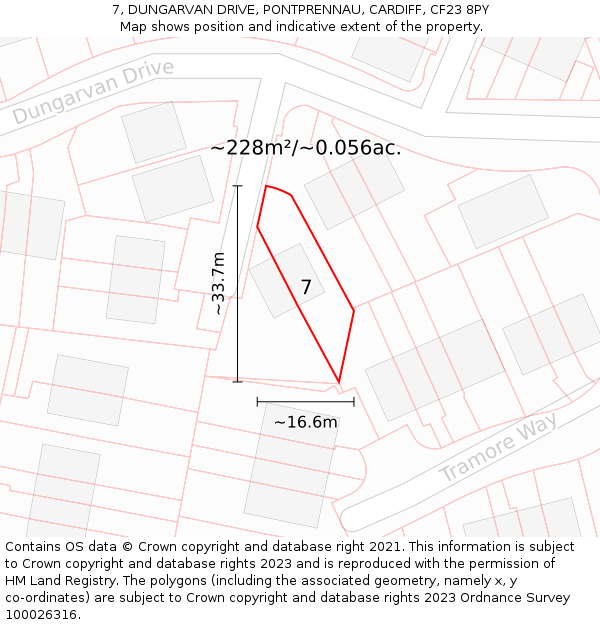 7, DUNGARVAN DRIVE, PONTPRENNAU, CARDIFF, CF23 8PY: Plot and title map