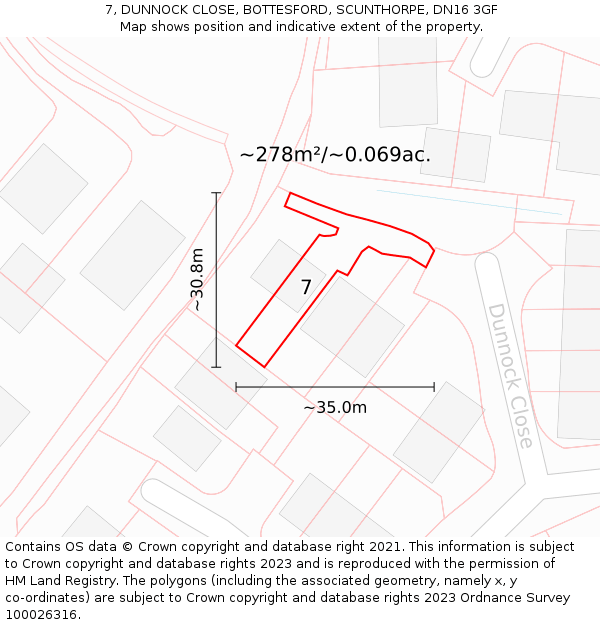 7, DUNNOCK CLOSE, BOTTESFORD, SCUNTHORPE, DN16 3GF: Plot and title map