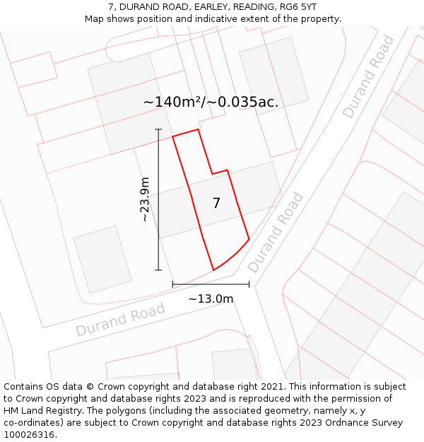 7, DURAND ROAD, EARLEY, READING, RG6 5YT: Plot and title map