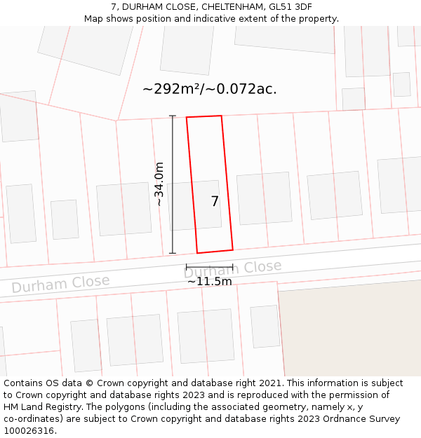 7, DURHAM CLOSE, CHELTENHAM, GL51 3DF: Plot and title map