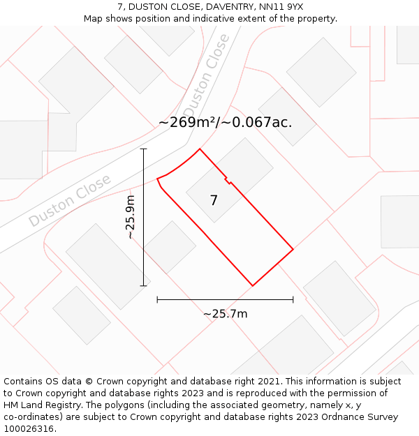 7, DUSTON CLOSE, DAVENTRY, NN11 9YX: Plot and title map