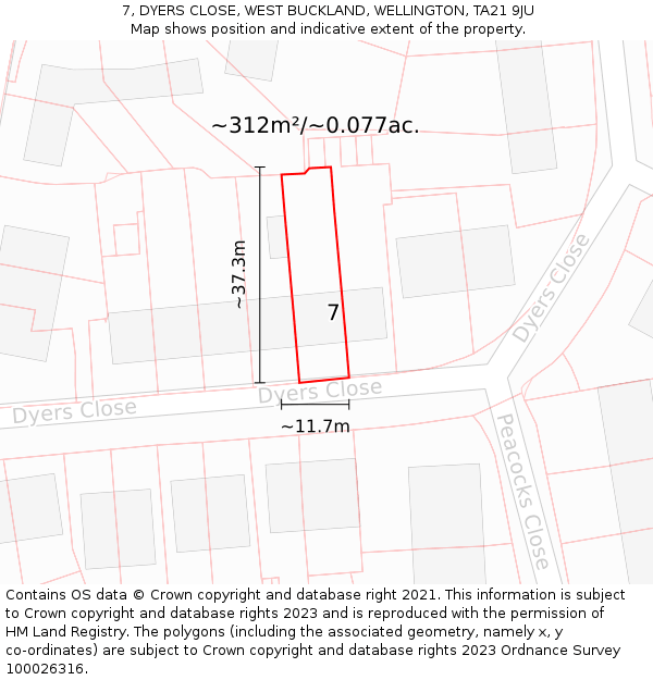 7, DYERS CLOSE, WEST BUCKLAND, WELLINGTON, TA21 9JU: Plot and title map
