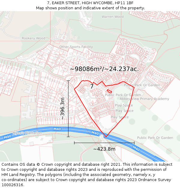 7, EAKER STREET, HIGH WYCOMBE, HP11 1BF: Plot and title map