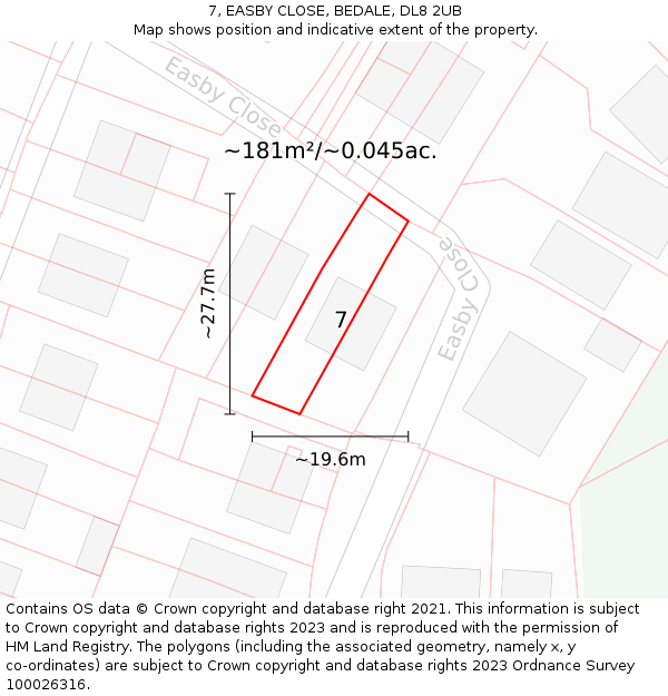 7, EASBY CLOSE, BEDALE, DL8 2UB: Plot and title map