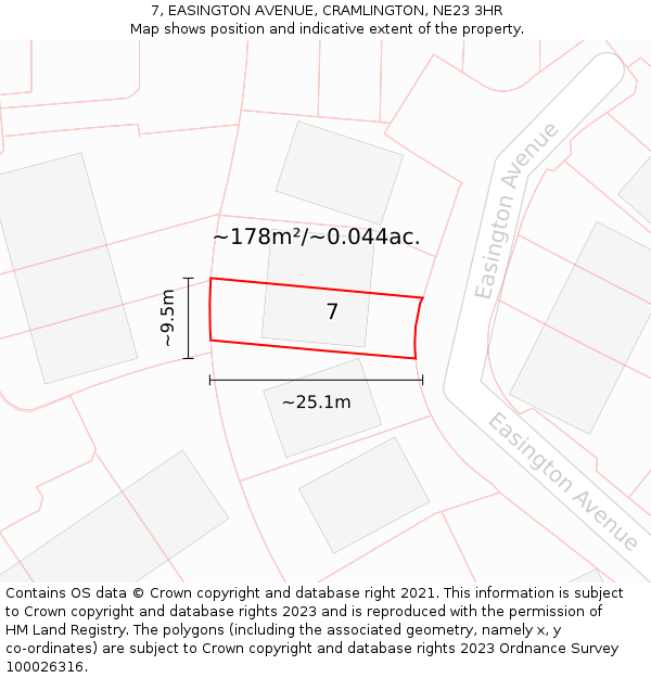 7, EASINGTON AVENUE, CRAMLINGTON, NE23 3HR: Plot and title map