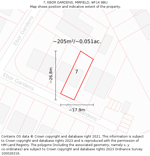 7, EBOR GARDENS, MIRFIELD, WF14 9BU: Plot and title map