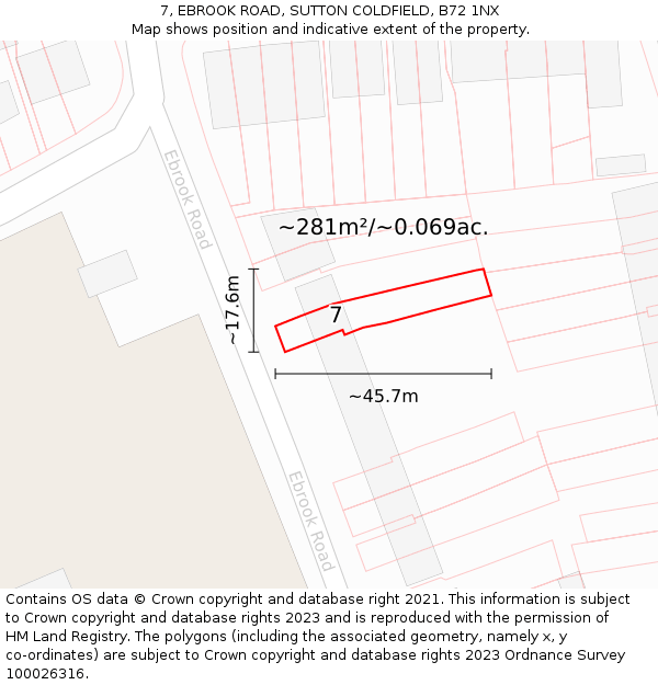 7, EBROOK ROAD, SUTTON COLDFIELD, B72 1NX: Plot and title map