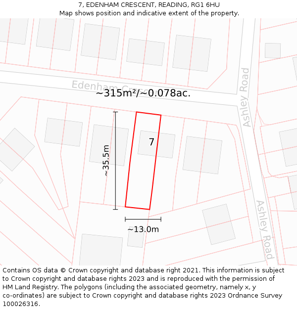 7, EDENHAM CRESCENT, READING, RG1 6HU: Plot and title map