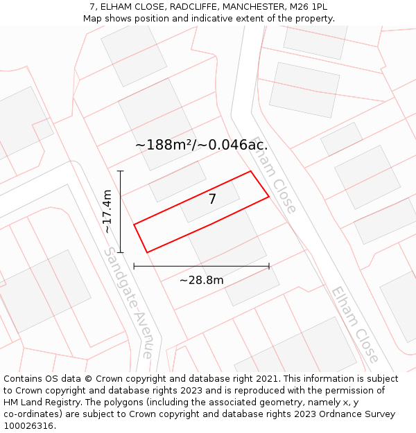 7, ELHAM CLOSE, RADCLIFFE, MANCHESTER, M26 1PL: Plot and title map
