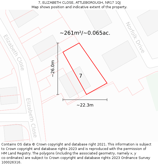 7, ELIZABETH CLOSE, ATTLEBOROUGH, NR17 1QJ: Plot and title map