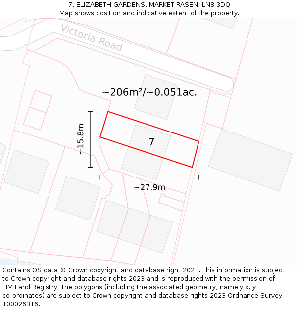 7, ELIZABETH GARDENS, MARKET RASEN, LN8 3DQ: Plot and title map
