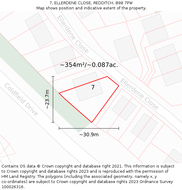 7, ELLERDENE CLOSE, REDDITCH, B98 7PW: Plot and title map