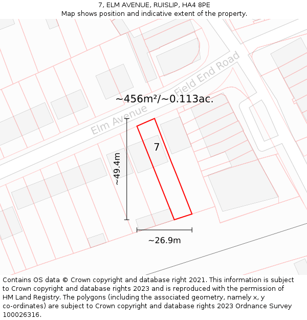 7, ELM AVENUE, RUISLIP, HA4 8PE: Plot and title map