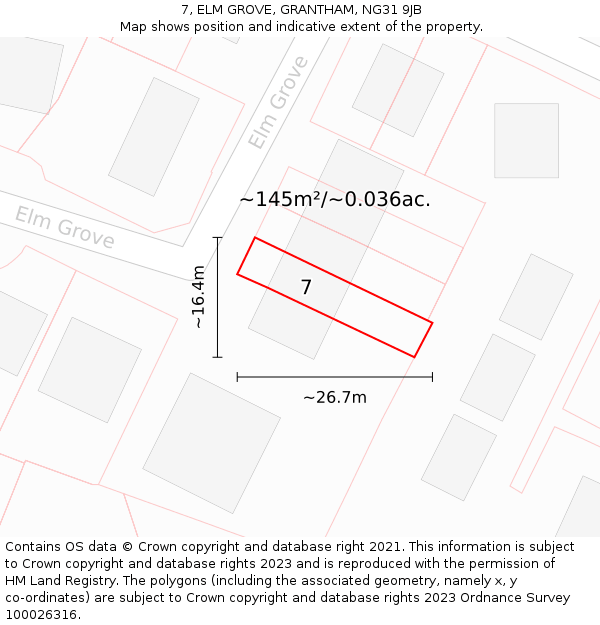 7, ELM GROVE, GRANTHAM, NG31 9JB: Plot and title map