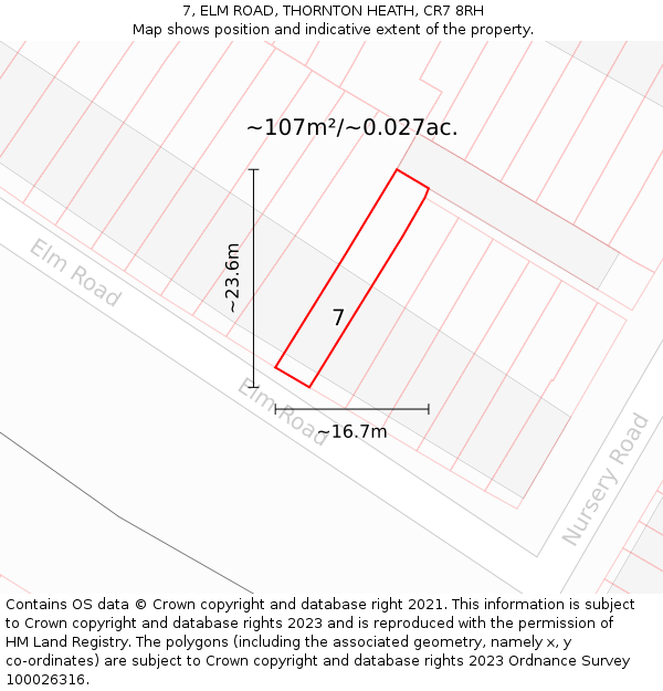 7, ELM ROAD, THORNTON HEATH, CR7 8RH: Plot and title map