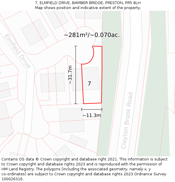 7, ELMFIELD DRIVE, BAMBER BRIDGE, PRESTON, PR5 8LH: Plot and title map