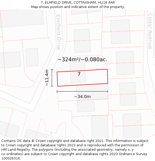 7, ELMFIELD DRIVE, COTTINGHAM, HU16 4AR: Plot and title map