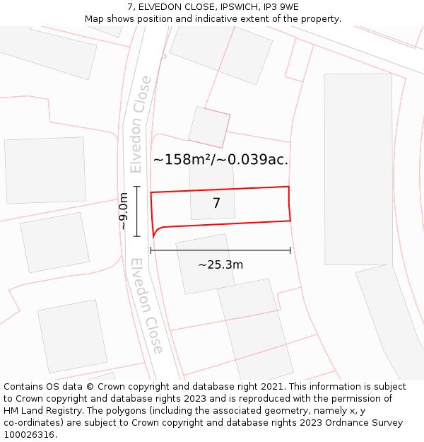 7, ELVEDON CLOSE, IPSWICH, IP3 9WE: Plot and title map