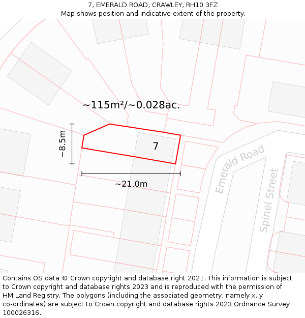 7, EMERALD ROAD, CRAWLEY, RH10 3FZ: Plot and title map