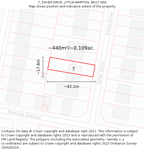 7, ESHER DRIVE, LITTLEHAMPTON, BN17 6AA: Plot and title map