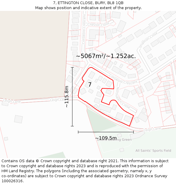 7, ETTINGTON CLOSE, BURY, BL8 1QB: Plot and title map