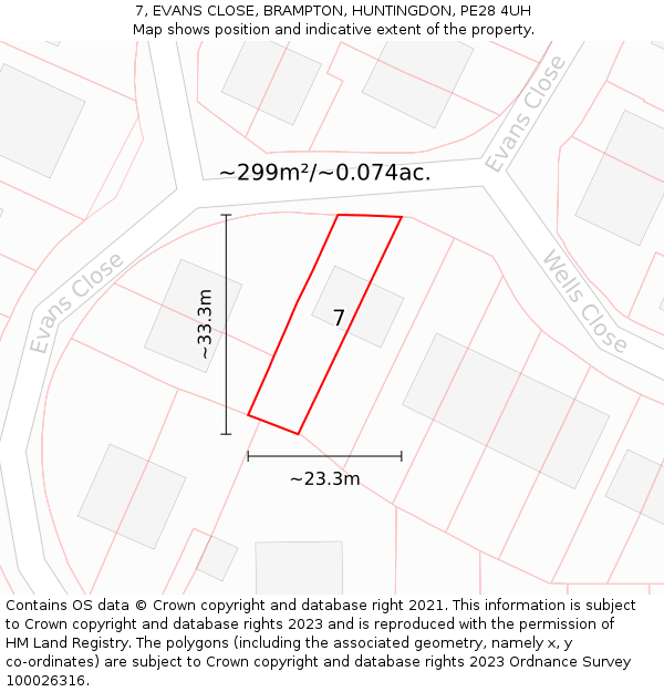 7, EVANS CLOSE, BRAMPTON, HUNTINGDON, PE28 4UH: Plot and title map