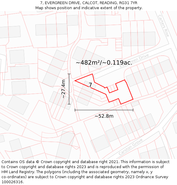 7, EVERGREEN DRIVE, CALCOT, READING, RG31 7YR: Plot and title map