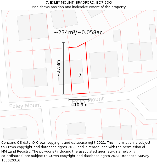 7, EXLEY MOUNT, BRADFORD, BD7 2QG: Plot and title map