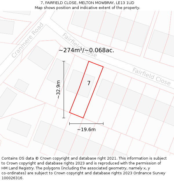 7, FAIRFIELD CLOSE, MELTON MOWBRAY, LE13 1UD: Plot and title map