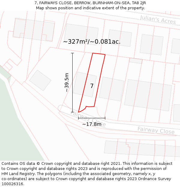 7, FAIRWAYS CLOSE, BERROW, BURNHAM-ON-SEA, TA8 2JR: Plot and title map