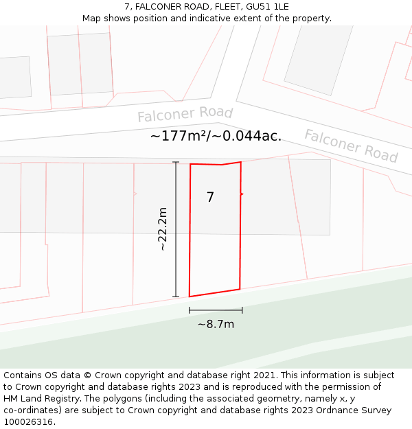 7, FALCONER ROAD, FLEET, GU51 1LE: Plot and title map