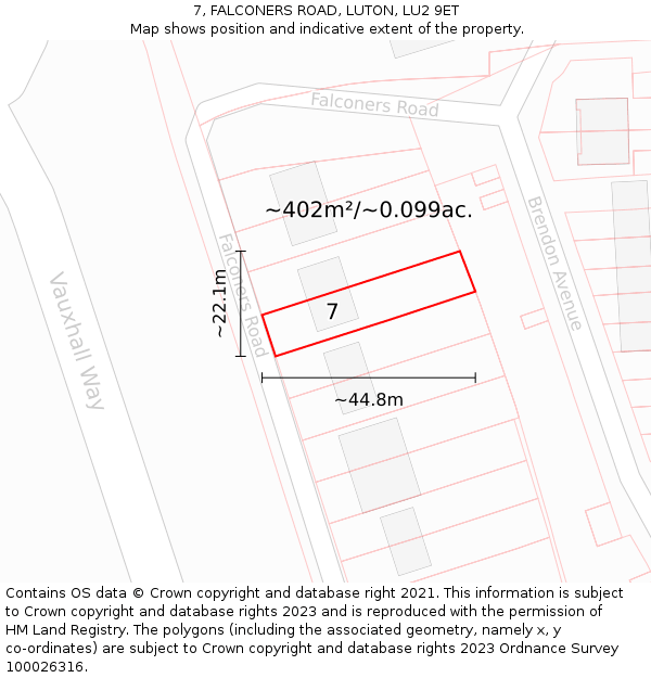 7, FALCONERS ROAD, LUTON, LU2 9ET: Plot and title map