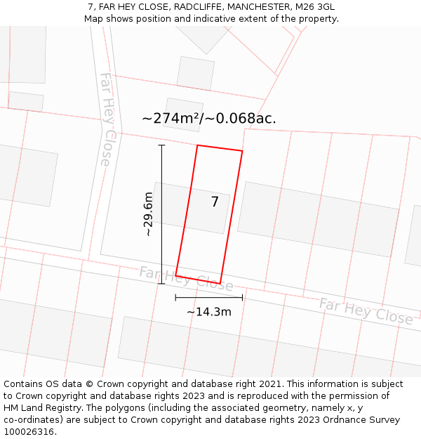 7, FAR HEY CLOSE, RADCLIFFE, MANCHESTER, M26 3GL: Plot and title map