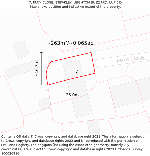 7, FARM CLOSE, STEWKLEY, LEIGHTON BUZZARD, LU7 0JD: Plot and title map