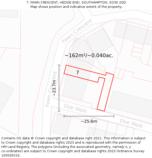 7, FAWN CRESCENT, HEDGE END, SOUTHAMPTON, SO30 2QD: Plot and title map