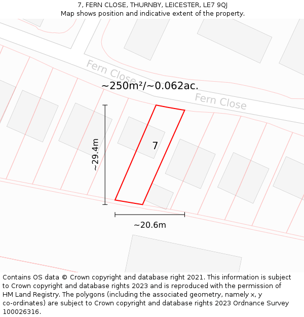 7, FERN CLOSE, THURNBY, LEICESTER, LE7 9QJ: Plot and title map