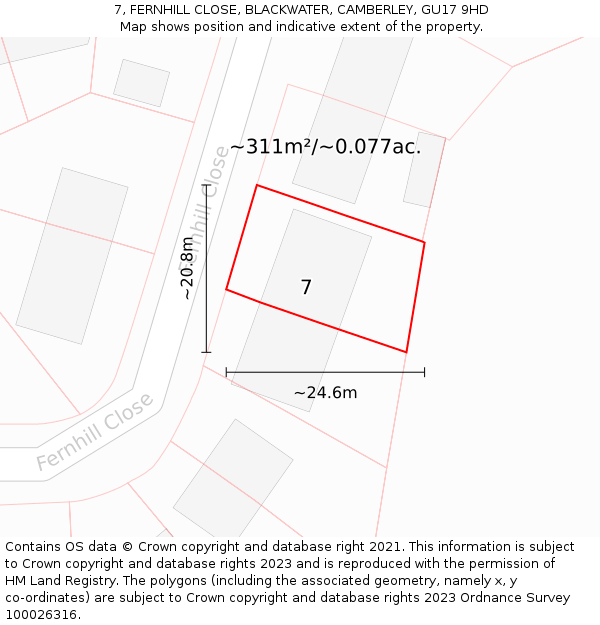 7, FERNHILL CLOSE, BLACKWATER, CAMBERLEY, GU17 9HD: Plot and title map