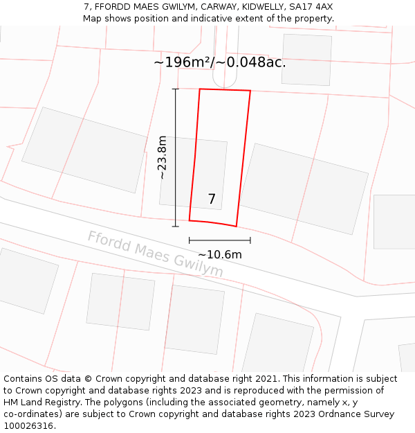 7, FFORDD MAES GWILYM, CARWAY, KIDWELLY, SA17 4AX: Plot and title map