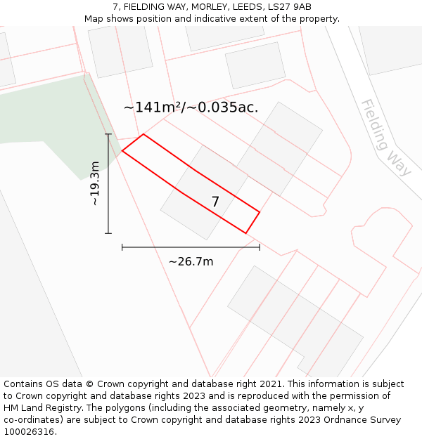 7, FIELDING WAY, MORLEY, LEEDS, LS27 9AB: Plot and title map