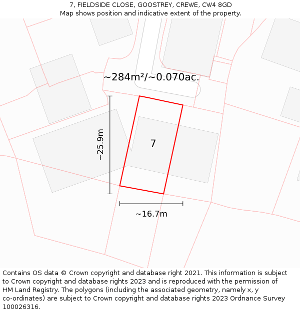 7, FIELDSIDE CLOSE, GOOSTREY, CREWE, CW4 8GD: Plot and title map