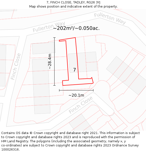 7, FINCH CLOSE, TADLEY, RG26 3YJ: Plot and title map